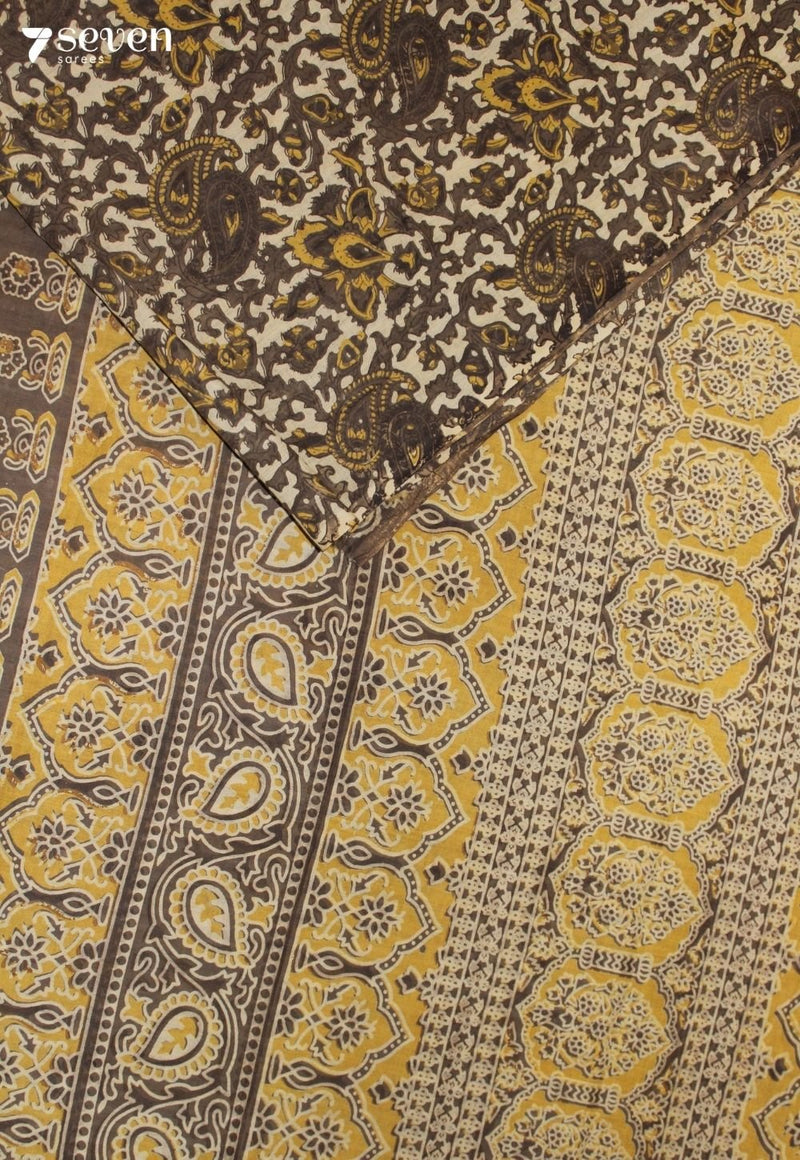 Kanthavi Jaipur Brown Hand Block Printed Vegetable Dyed 100% Cotton Saree - Seven Sarees - Saree - Seven Sarees