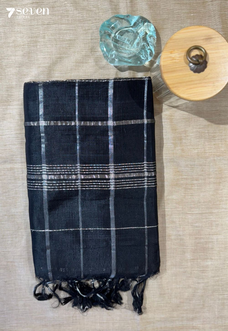 Karita Mangalagiri Handloom Black Vegan Silk Saree with checks - Seven Sarees - Saree - Seven Sarees