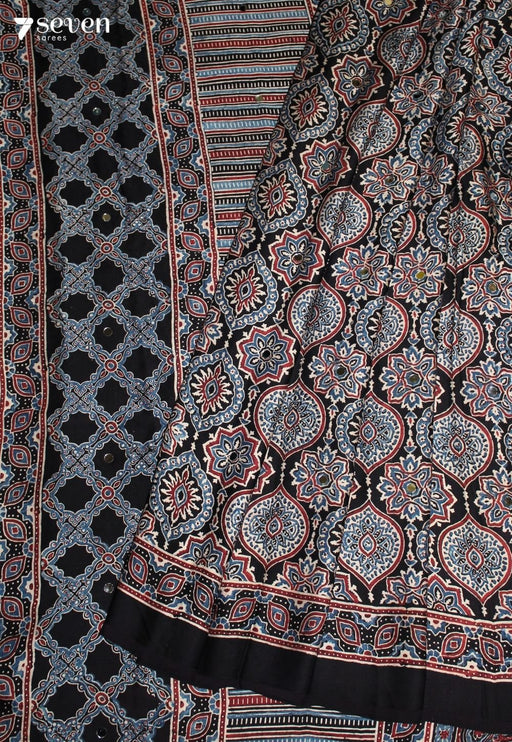 Kaumudi Kutch Black Pure Handmade Ajrakh Modal with Handpasted Mirrors
