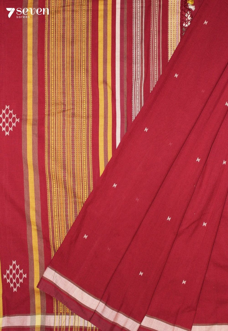Keshal Kutch Red Handloom 100% Cotton Bhujodi Saree - Seven Sarees - Saree - Seven Sarees