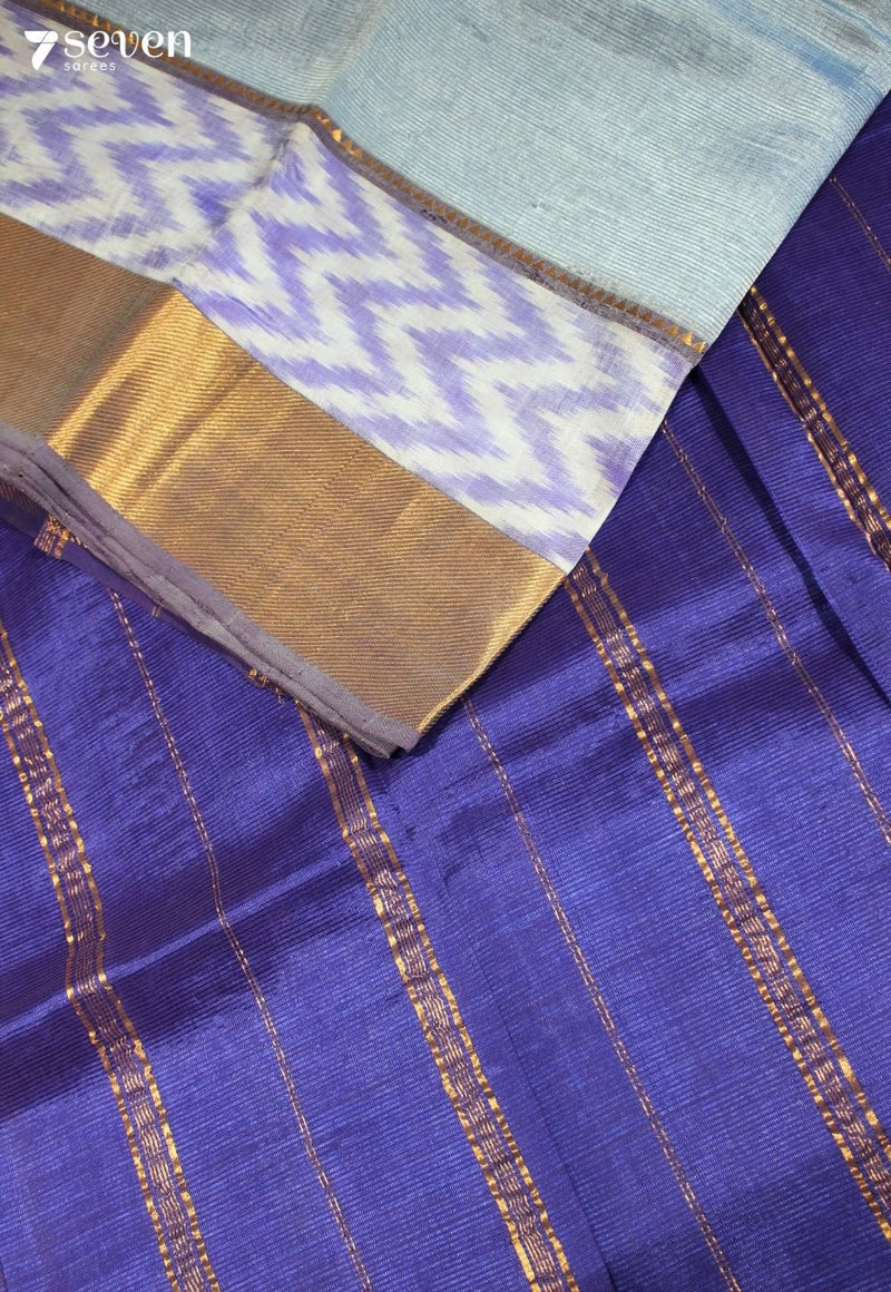 Ketaki Mangalagiri Handloom Grey Vegan Silk Saree with Silk Ikkat Border - Seven Sarees - Saree - Seven Sarees