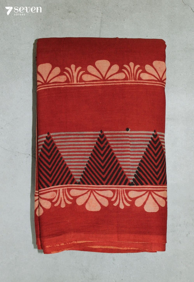 Kethol Kutch Red Pure Handmade Ajrakh 100% Cotton Saree - Seven Sarees - Saree - Seven Sarees