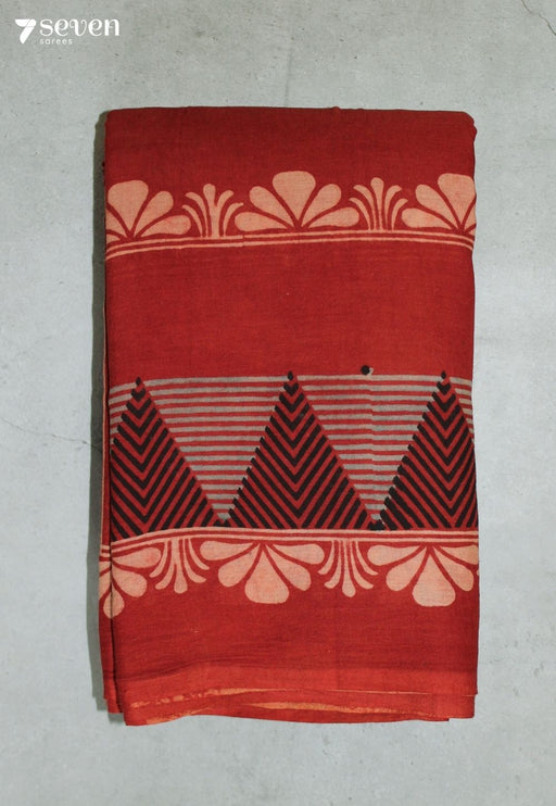 Kethol Kutch Red Pure Handmade Ajrakh 100% Cotton Saree - Seven Sarees - Saree - Seven Sarees