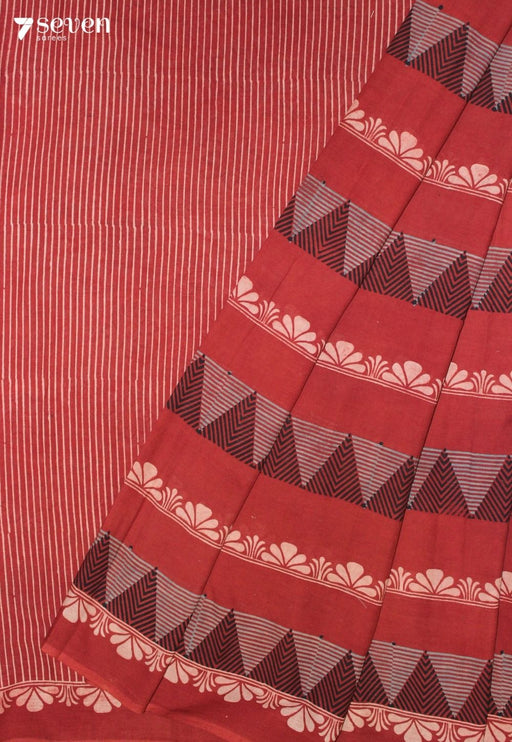 Kethol Kutch Red Pure Handmade Ajrakh 100% Cotton Saree - Seven Sarees - Saree - Seven Sarees