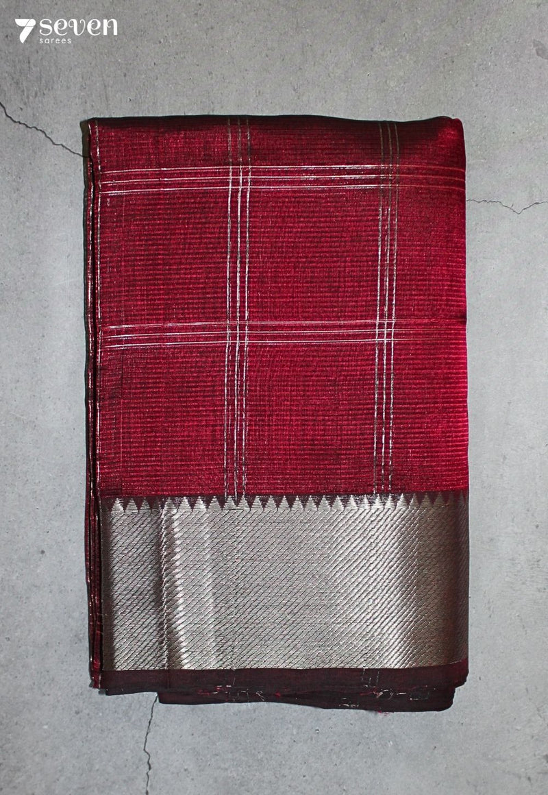Kevanika Mangalagiri Handloom Red Silk Cotton Checked Saree - Seven Sarees - Saree - Seven Sarees