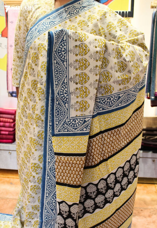 Komal Jaipur Yellow Hand Block Printed 100% Cotton Saree - Seven Sarees - Saree - Seven Sarees