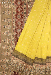 Koshara Kutch Yellow Handmade Ajrakh Bandhini 100% Cotton Saree - Seven Sarees - Saree - Seven Sarees