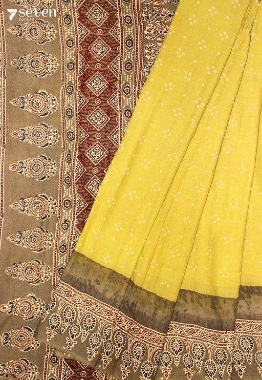 Koshara Kutch Yellow Handmade Ajrakh Bandhini 100% Cotton Saree - Seven Sarees - Saree - Seven Sarees