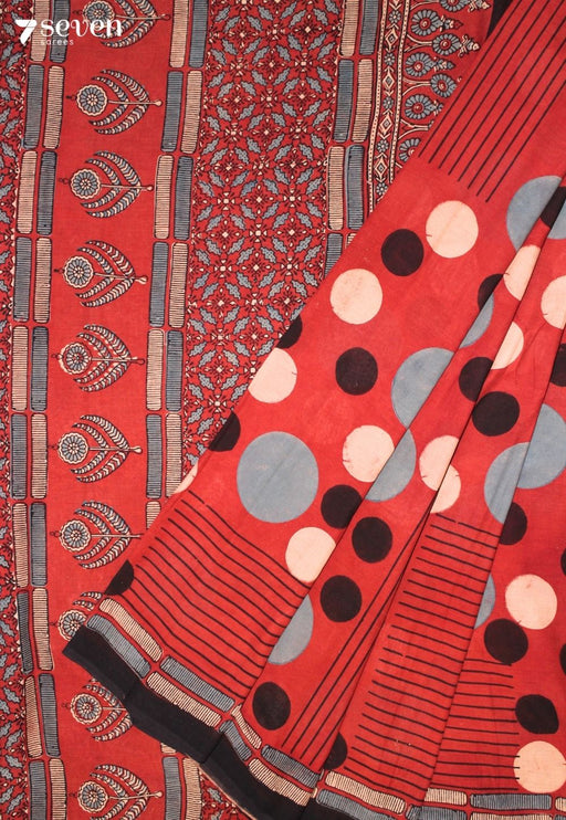Kovelu Kutch Red Pure Handmade Ajrakh 100% Cotton Saree - Seven Sarees - Saree - Seven Sarees