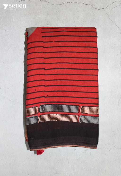 Kovelu Kutch Red Pure Handmade Ajrakh 100% Cotton Saree - Seven Sarees - Saree - Seven Sarees