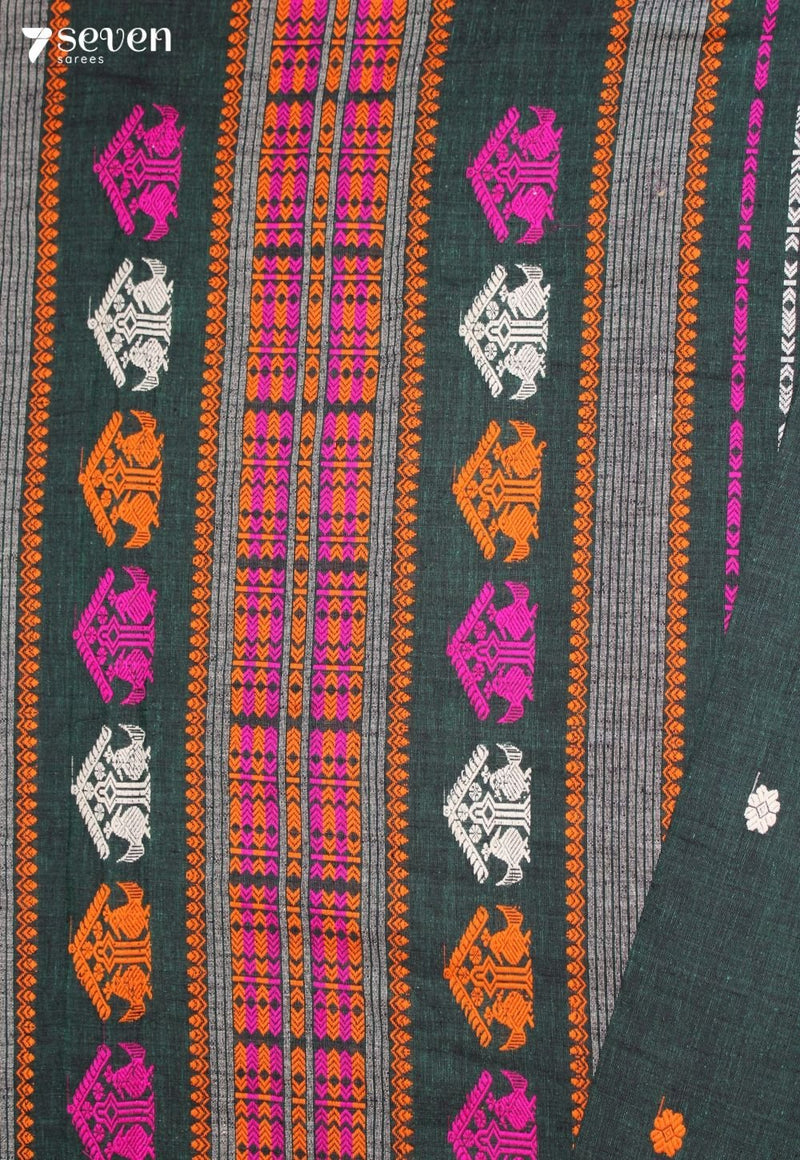 Kshanika Assam 100% Eri Silk Green Handloom Saree - Seven Sarees - Seven Sarees