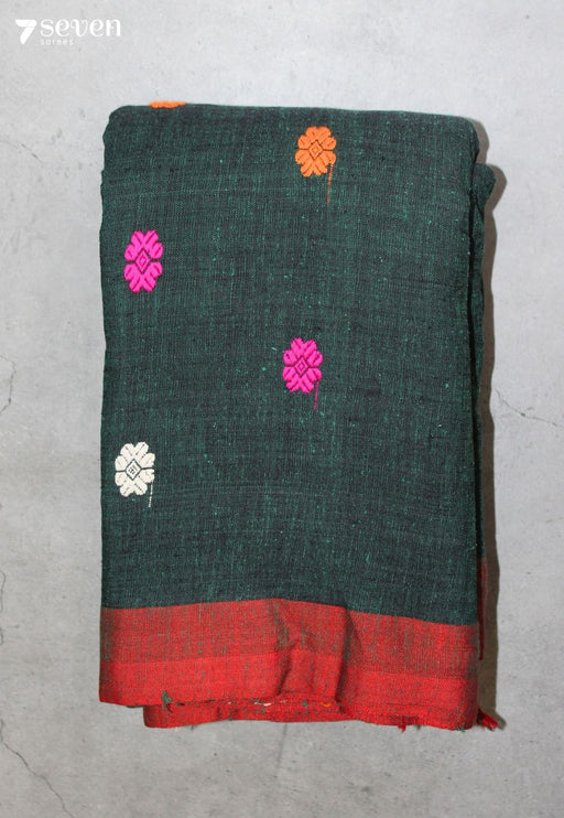 Kshanika Assam 100% Eri Silk Green Handloom Saree - Seven Sarees - Seven Sarees