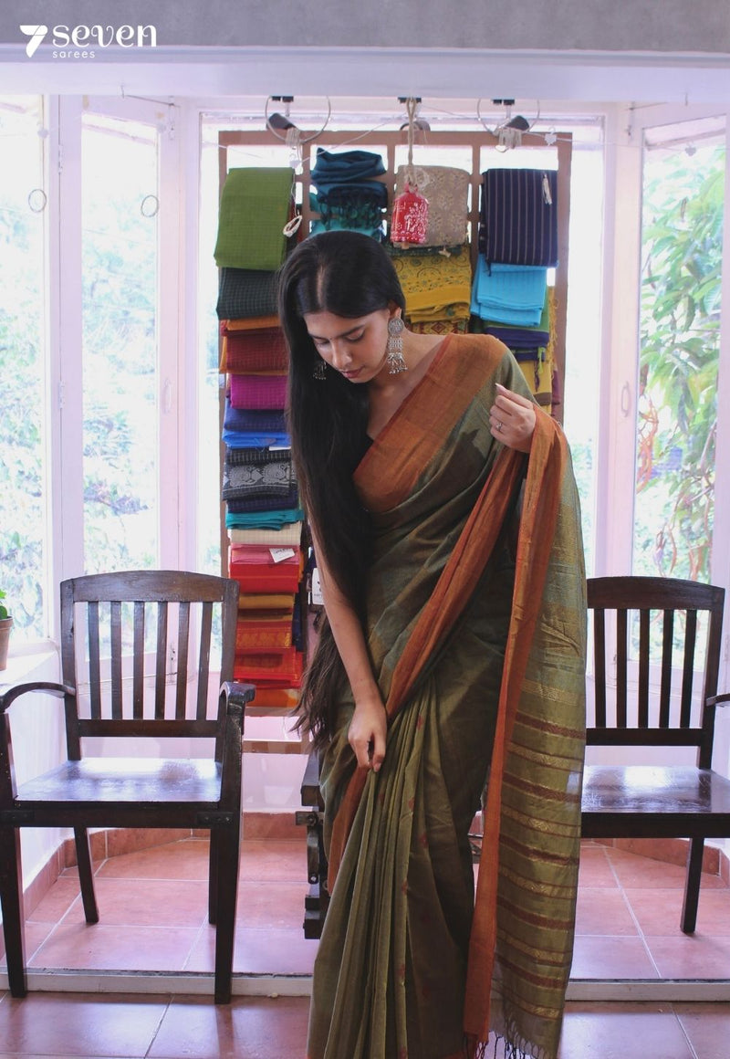 Kyra Signature Seven Handloom Green Bangalore Pure Cotton Saree - Seven Sarees - Saree - Seven Sarees