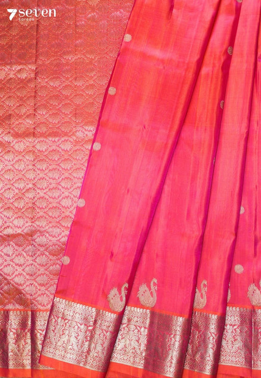 Lalima Handloom Venkatagiri Pattu 100% Silk Pink-Orange Saree | Silk Mark Certified - Seven Sarees - Seven Sarees