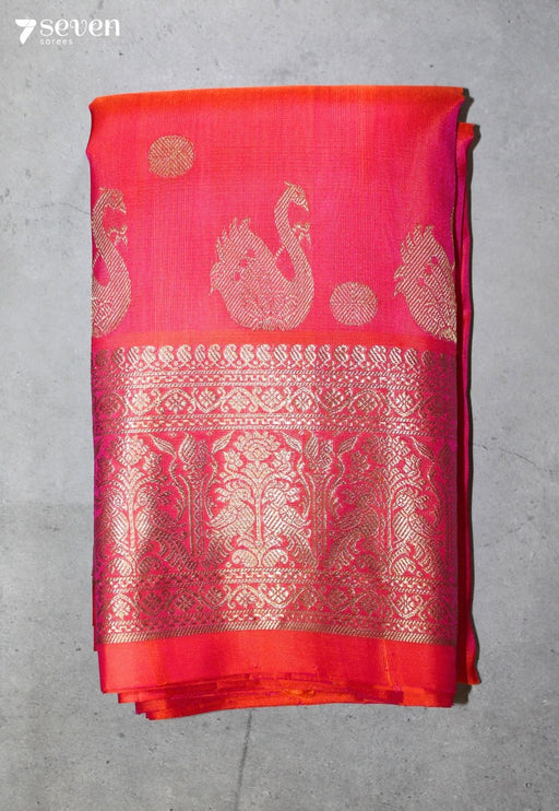 Lalima Handloom Venkatagiri Pattu 100% Silk Pink-Orange Saree | Silk Mark Certified - Seven Sarees - Seven Sarees