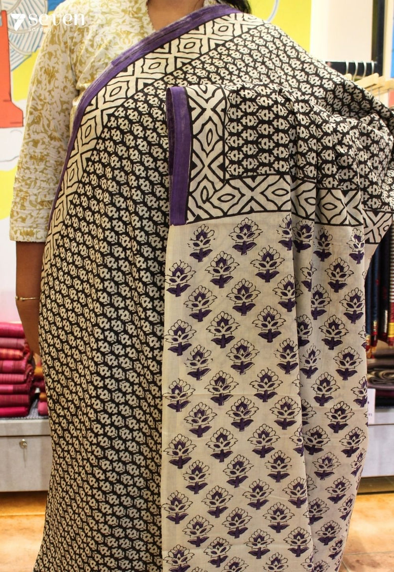 Lavanya Jaipur Black Hand Block Printed 100% Cotton Saree - Seven Sarees - Saree - Seven Sarees
