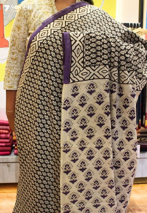 Lavanya Jaipur Black Hand Block Printed 100% Cotton Saree - Seven Sarees - Saree - Seven Sarees