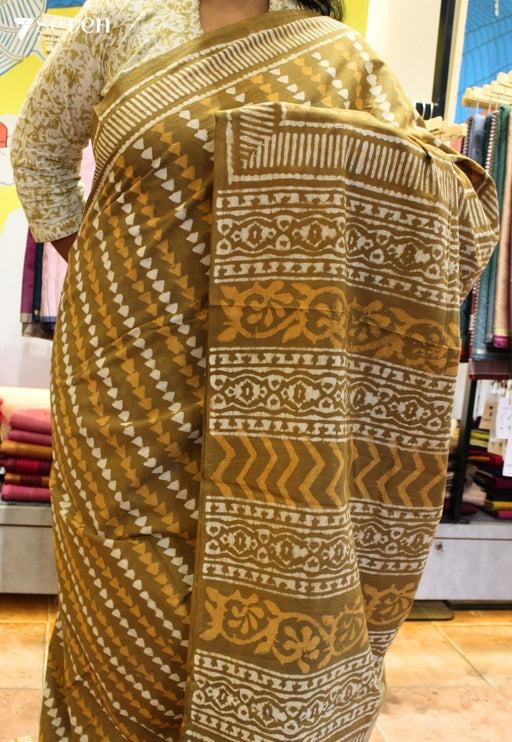 Leher Jaipur Brown Hand Block Printed 100% Cotton Saree - Seven Sarees - Saree - Seven Sarees