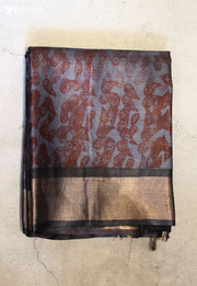 Love Reprise Handloom Grey Pure Tussar Silk(Kosa) Saree with HandBlock Print| Silk Mark Certified - Seven Sarees - Saree - Seven Sarees