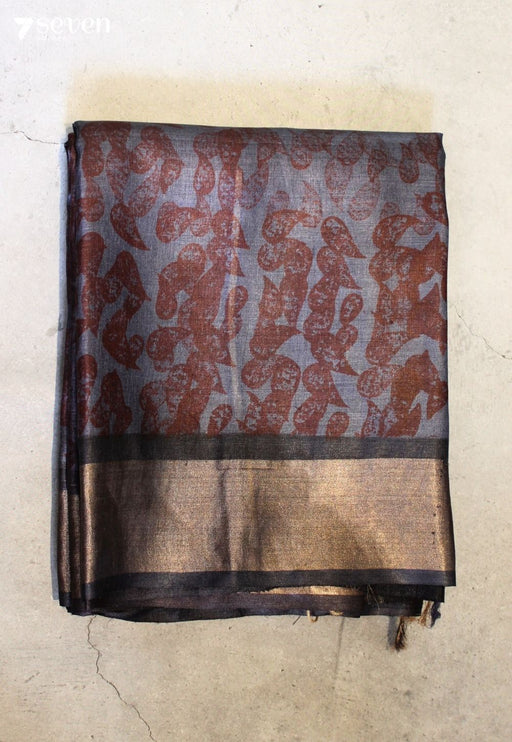 Love Reprise Handloom Grey Pure Tussar Silk(Kosa) Saree with HandBlock Print| Silk Mark Certified - Seven Sarees - Saree - Seven Sarees