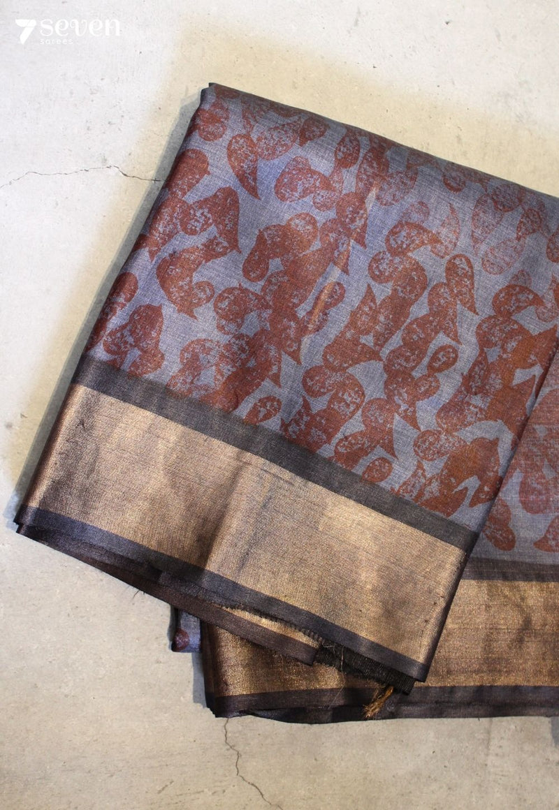 Love Reprise Handloom Grey Pure Tussar Silk(Kosa) Saree with HandBlock Print| Silk Mark Certified - Seven Sarees - Saree - Seven Sarees