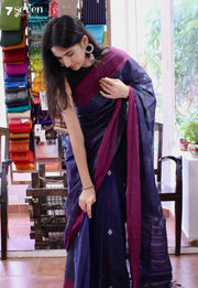 Lyra Signature Seven Handloom Navy Bangalore Pure Cotton Saree - Seven Sarees - Saree - Seven Sarees