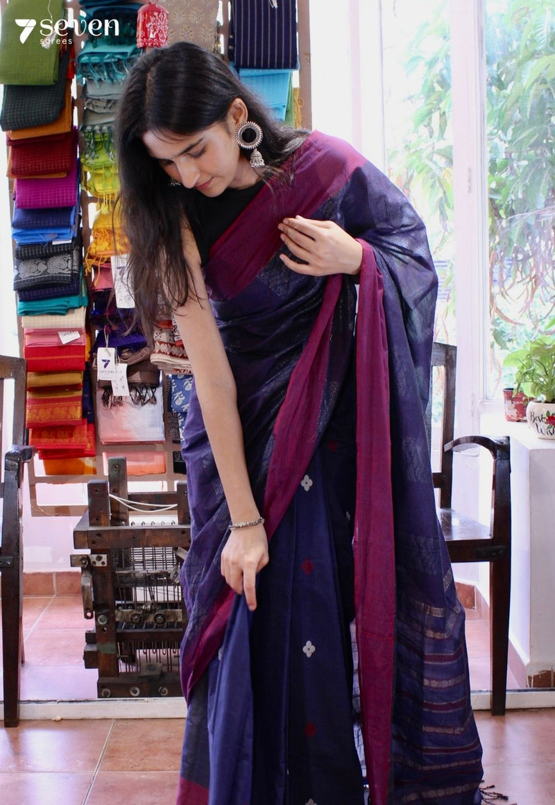 Lyra Signature Seven Handloom Navy Bangalore Pure Cotton Saree - Seven Sarees - Saree - Seven Sarees