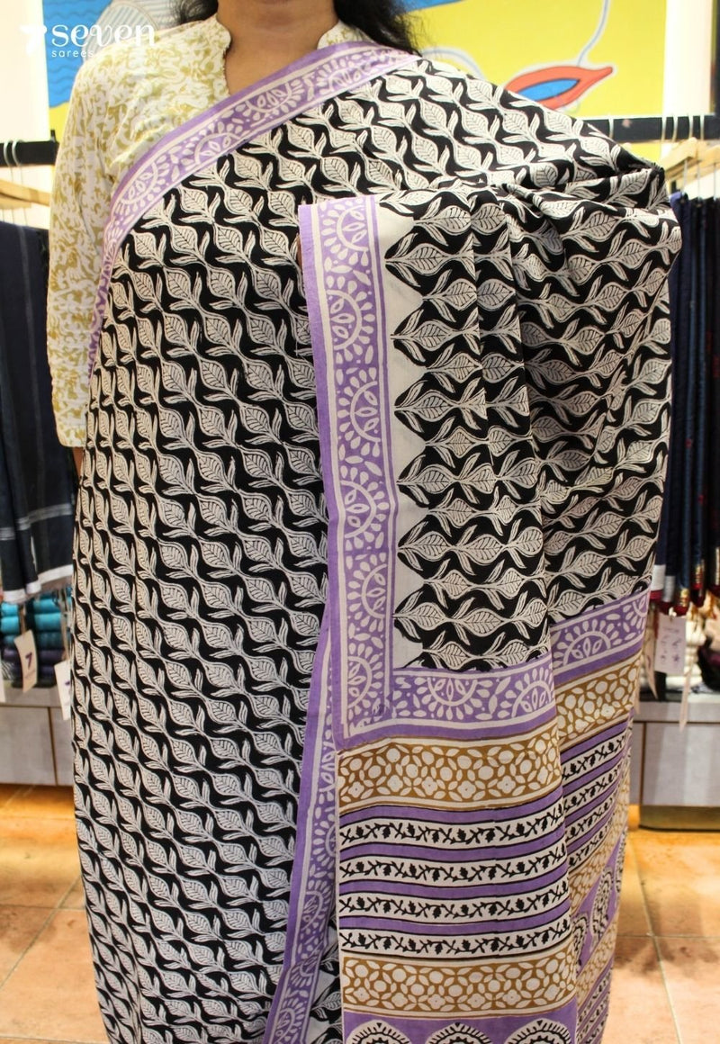 Madhur Jaipur Black Hand Block Printed 100% Cotton Saree - Seven Sarees - Saree - Seven Sarees