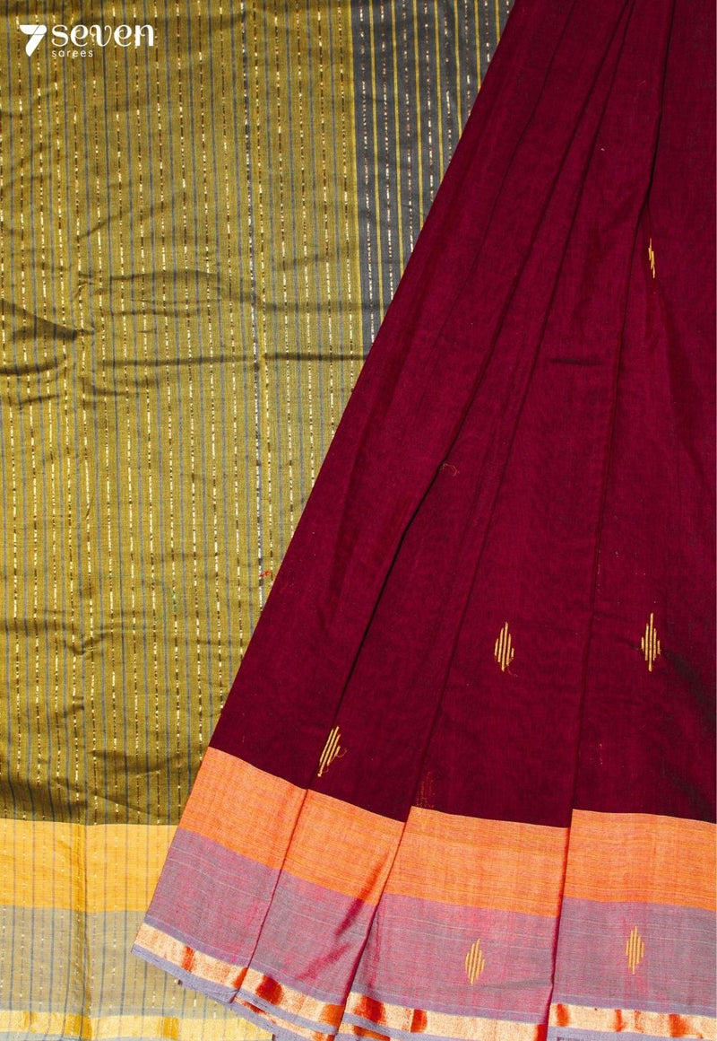 Maevani Signature Seven Handloom Maroon Bangalore Pure Cotton Saree - Seven Sarees - Saree - Seven Sarees