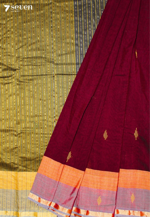 Maevani Signature Seven Handloom Maroon Bangalore Pure Cotton Saree - Seven Sarees - Saree - Seven Sarees