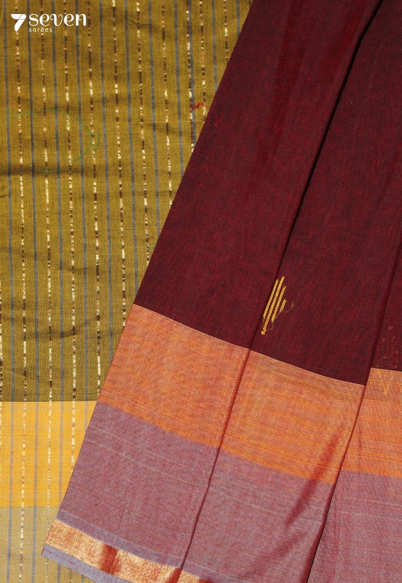 Maevani Signature Seven Handloom Maroon Bangalore Pure Cotton Saree - Seven Sarees - Saree - Seven Sarees
