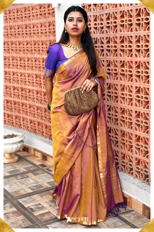 Mahisha Kodiyala Handloom Gold-Violet Silk Cotton Saree - Seven Sarees - Saree - Seven Sarees