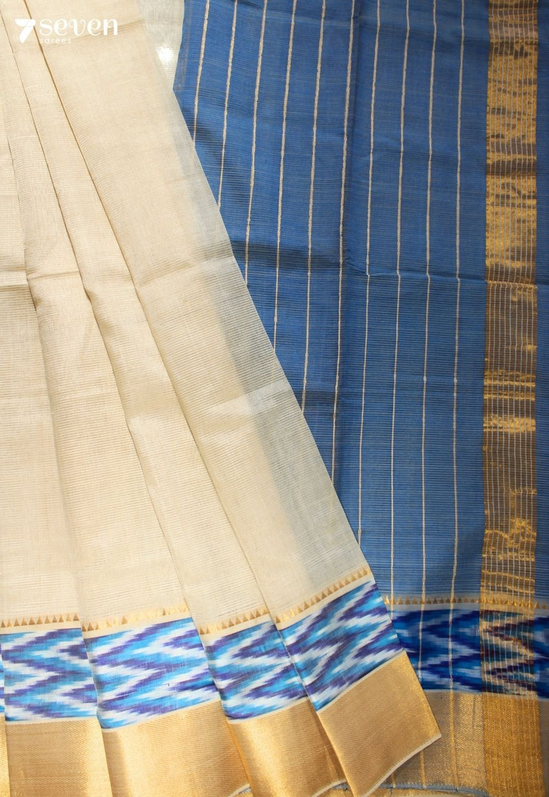Mallika Mangalagiri Handloom Off White Silk Cotton Saree with Silk Ikkat Border - Seven Sarees - Saree - Seven Sarees
