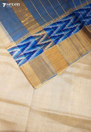 Mallika Mangalagiri Handloom Off White Silk Cotton Saree with Silk Ikkat Border - Seven Sarees - Saree - Seven Sarees