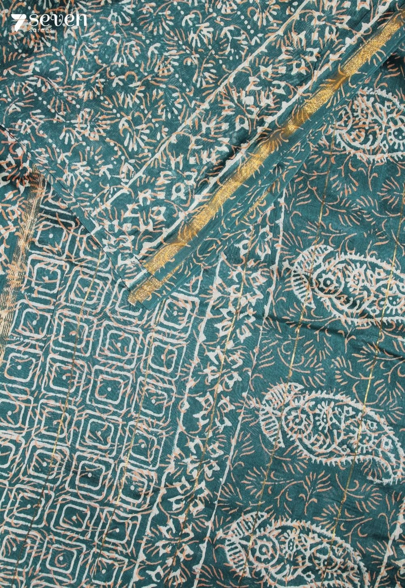 Malrini Jaipur Blue Hand Block Printed Silk Cotton Saree - Seven Sarees - Saree - Seven Sarees