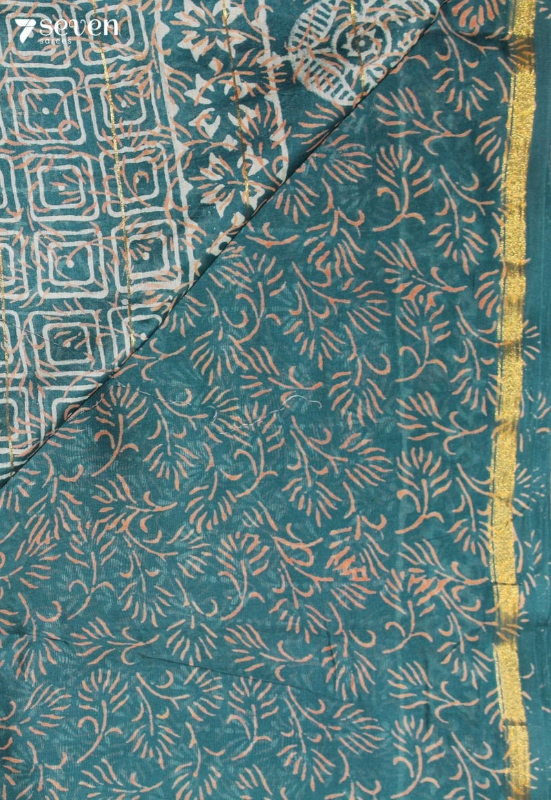 Malrini Jaipur Blue Hand Block Printed Silk Cotton Saree - Seven Sarees - Saree - Seven Sarees