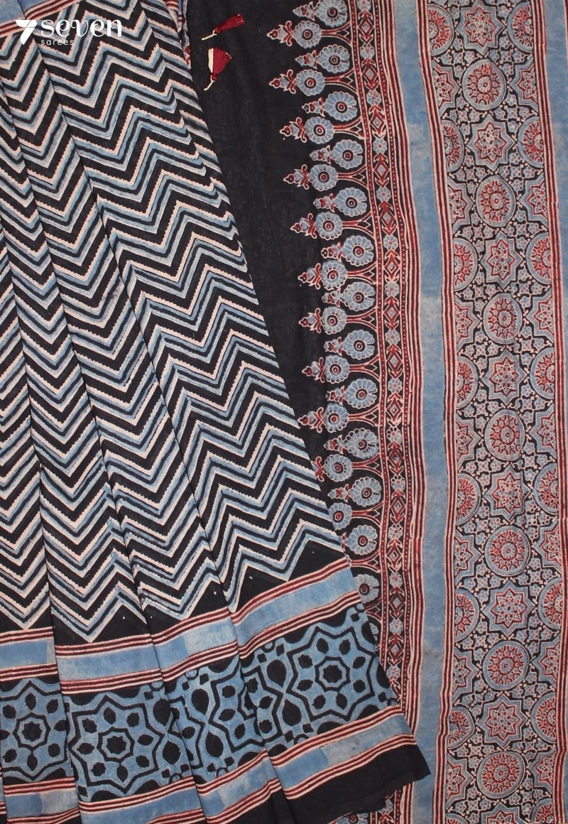 Malvini Kutch Blue Pure Handmade Ajrakh 100% Cotton Saree - Seven Sarees - Saree - Seven Sarees