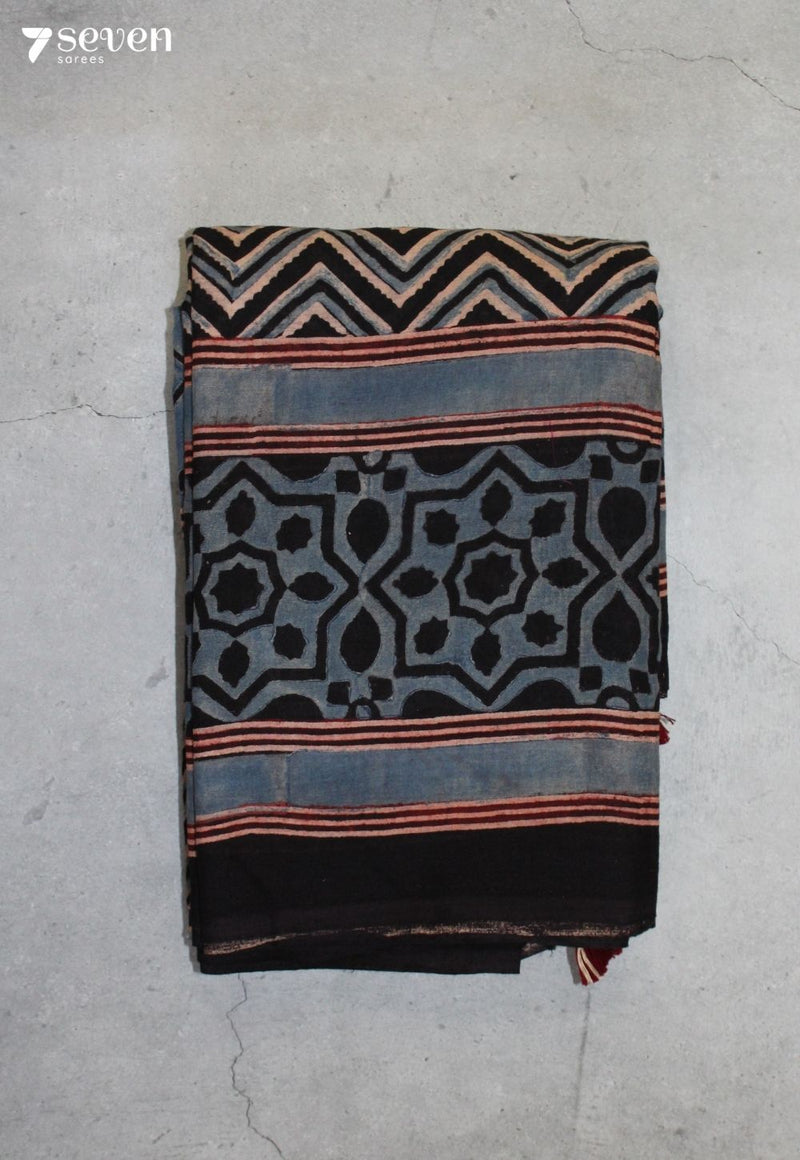 Malvini Kutch Blue Pure Handmade Ajrakh 100% Cotton Saree - Seven Sarees - Saree - Seven Sarees