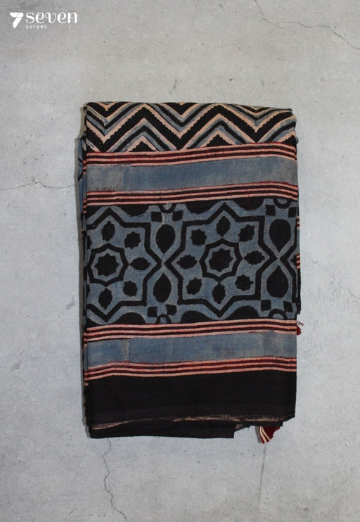 Malvini Kutch Blue Pure Handmade Ajrakh 100% Cotton Saree - Seven Sarees - Saree - Seven Sarees