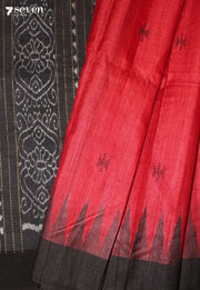 Manasija Handloom Red Pure Tussar Silk Saree with Cotton Ikkat Pallu - Seven Sarees - Saree - Seven Sarees