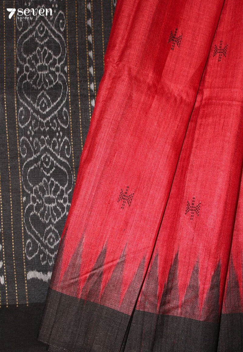 Manasija Handloom Red Pure Tussar Silk Saree with Cotton Ikkat Pallu - Seven Sarees - Saree - Seven Sarees