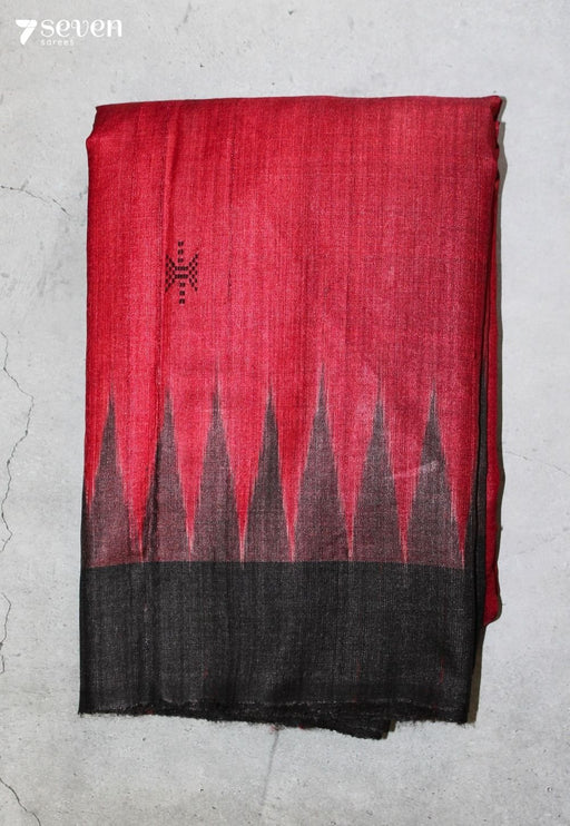 Manasija Handloom Red Pure Tussar Silk Saree with Cotton Ikkat Pallu - Seven Sarees - Saree - Seven Sarees
