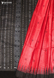 Manasija Handloom Red Pure Tussar Silk Saree with Cotton Ikkat Pallu - Seven Sarees - Saree - Seven Sarees