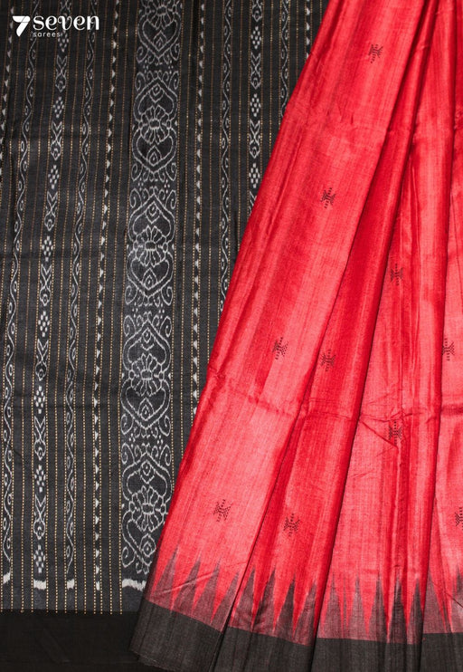 Manasija Handloom Red Pure Tussar Silk Saree with Cotton Ikkat Pallu - Seven Sarees - Saree - Seven Sarees