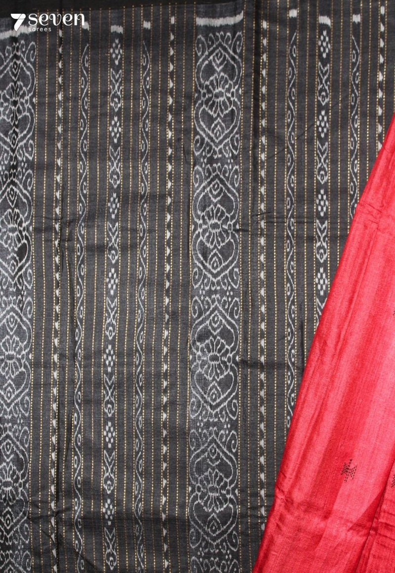 Manasija Handloom Red Pure Tussar Silk Saree with Cotton Ikkat Pallu - Seven Sarees - Saree - Seven Sarees