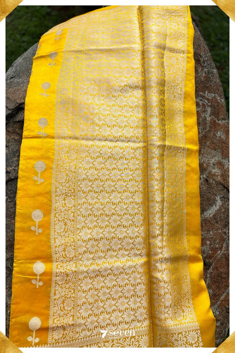 Mandakini Benares Yellow Pure Silk Saree | Silk Mark Certified - Seven Sarees - Saree - Seven Sarees