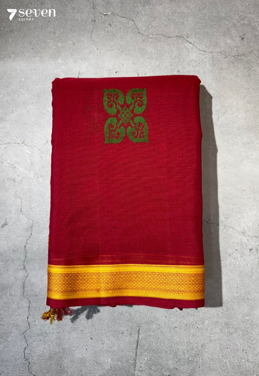Manjari Signature Seven Handloom Red Bangalore Pure Cotton Saree - Seven Sarees - Saree - Seven Sarees