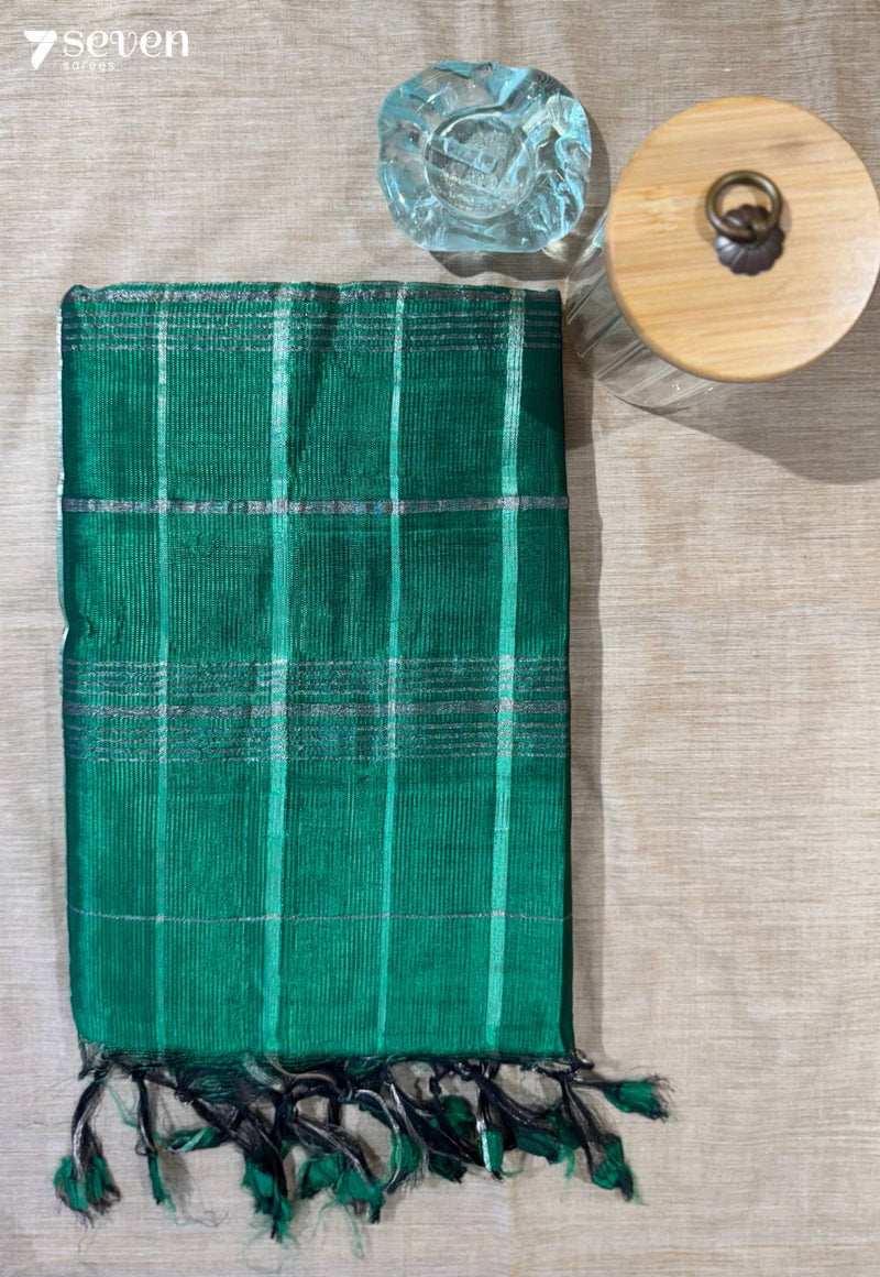 Marakata Mangalagiri Handloom Green Vegan Silk Saree with checks - Seven Sarees - Saree - Seven Sarees
