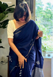 Meera Signature Seven Handloom Navy Blue Bangalore Pure Cotton Saree - Seven Sarees - Saree - Seven Sarees
