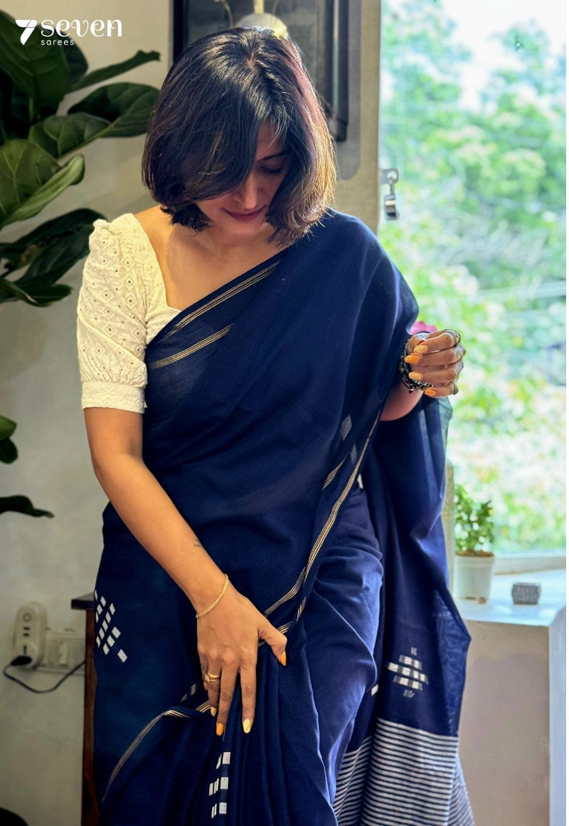 Meera Signature Seven Handloom Navy Blue Bangalore Pure Cotton Saree - Seven Sarees - Saree - Seven Sarees